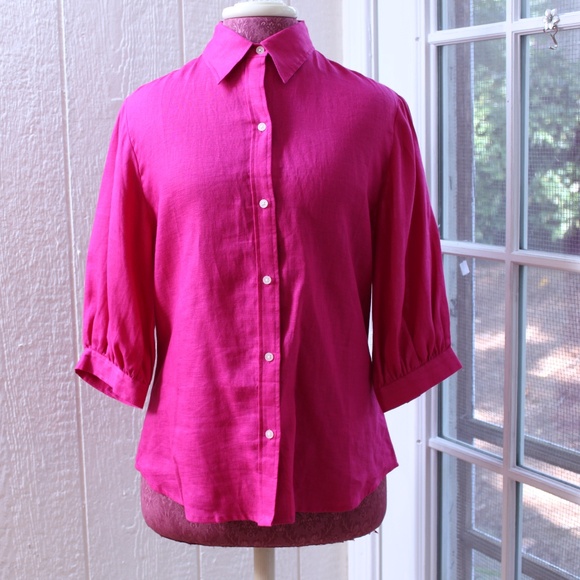 Lauren Ralph Lauren Fuchsia Color Button Up 3/4 Sleeve 100% Linen Blouse - Picture 4 of 7